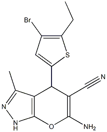 6-amino-4-(4-bromo-5-ethylthien-2-yl)-3-methyl-1,4-dihydropyrano[2,3-c]pyrazole-5-carbonitrile Structure