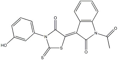 1-acetyl-3-[3-(3-hydroxyphenyl)-4-oxo-2-thioxo-1,3-thiazolidin-5-ylidene]-1,3-dihydro-2H-indol-2-one Struktur