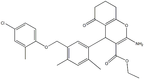ethyl 2-amino-4-{5-[(4-chloro-2-methylphenoxy)methyl]-2,4-dimethylphenyl}-5-oxo-5,6,7,8-tetrahydro-4H-chromene-3-carboxylate Struktur