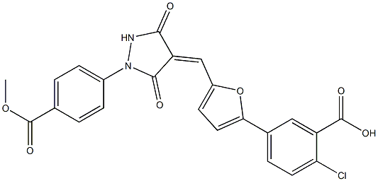 2-chloro-5-[5-({1-[4-(methoxycarbonyl)phenyl]-3,5-dioxo-4-pyrazolidinylidene}methyl)-2-furyl]benzoic acid,,结构式