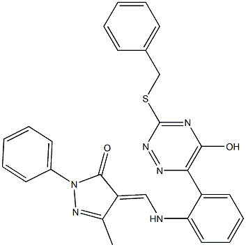 4-({2-[3-(benzylsulfanyl)-5-hydroxy-1,2,4-triazin-6-yl]anilino}methylene)-5-methyl-2-phenyl-2,4-dihydro-3H-pyrazol-3-one,,结构式