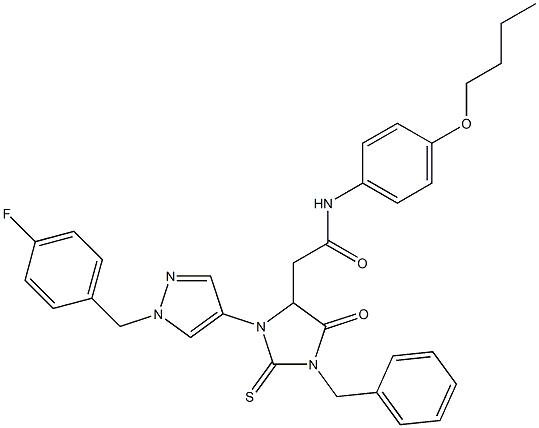 2-{1-benzyl-3-[1-(4-fluorobenzyl)-1H-pyrazol-4-yl]-5-oxo-2-thioxo-4-imidazolidinyl}-N-(4-butoxyphenyl)acetamide 化学構造式