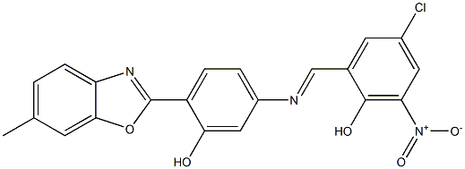 4-chloro-2-({[3-hydroxy-4-(6-methyl-1,3-benzoxazol-2-yl)phenyl]imino}methyl)-6-nitrophenol Structure