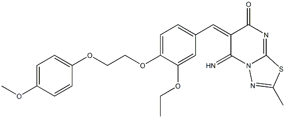 6-{3-ethoxy-4-[2-(4-methoxyphenoxy)ethoxy]benzylidene}-5-imino-2-methyl-5,6-dihydro-7H-[1,3,4]thiadiazolo[3,2-a]pyrimidin-7-one Struktur