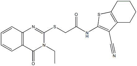 N-(3-cyano-4,5,6,7-tetrahydro-1-benzothien-2-yl)-2-[(3-ethyl-4-oxo-3,4-dihydro-2-quinazolinyl)sulfanyl]acetamide Struktur