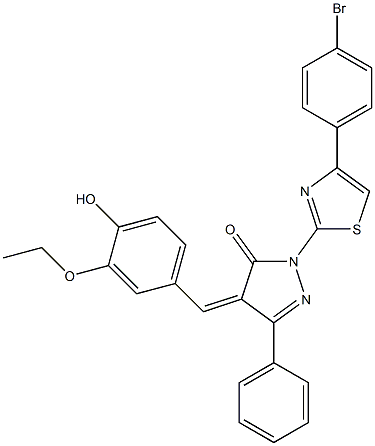 1-[4-(4-bromophenyl)-1,3-thiazol-2-yl]-4-[(Z)-(3-ethoxy-4-hydroxyphenyl)methylidene]-3-phenyl-1H-pyrazol-5-one 结构式