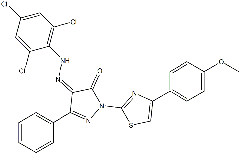 1-[4-(4-methoxyphenyl)-1,3-thiazol-2-yl]-3-phenyl-1H-pyrazole-4,5-dione 4-[N-(2,4,6-trichlorophenyl)hydrazone],,结构式