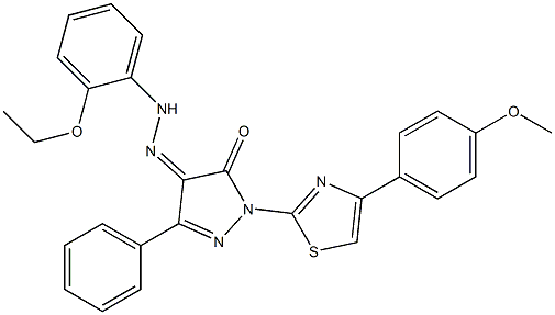 1-[4-(4-methoxyphenyl)-1,3-thiazol-2-yl]-3-phenyl-1H-pyrazole-4,5-dione 4-[N-(2-ethoxyphenyl)hydrazone] Structure