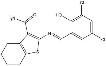 2-{[(E)-(3,5-dichloro-2-hydroxyphenyl)methylidene]amino}-4,5,6,7-tetrahydro-1-benzothiophene-3-carboxamide 结构式