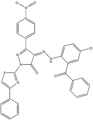 3-(4-nitrophenyl)-1-(4-phenyl-1,3-thiazol-2-yl)-1H-pyrazole-4,5-dione 4-[N-(2-benzoyl-4-chlorophenyl)hydrazone] Structure