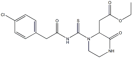 ethyl 2-[1-({[2-(4-chlorophenyl)acetyl]amino}carbothioyl)-3-oxo-2-piperazinyl]acetate Struktur