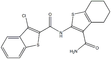 N-[3-(aminocarbonyl)-4,5,6,7-tetrahydro-1-benzothiophen-2-yl]-3-chloro-1-benzothiophene-2-carboxamide Struktur