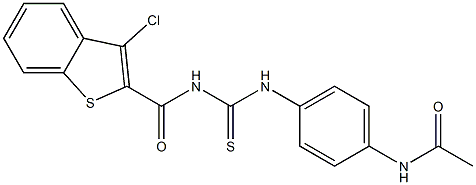 N-{4-[({[(3-chloro-1-benzothiophen-2-yl)carbonyl]amino}carbothioyl)amino]phenyl}acetamide 化学構造式