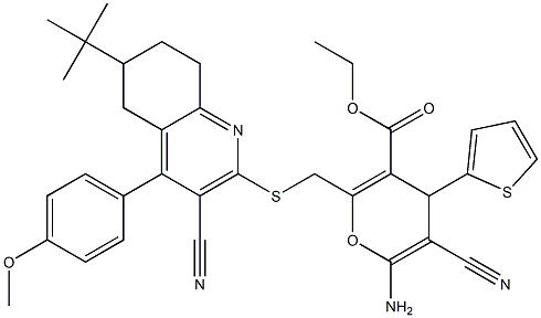 ethyl 6-amino-2-({[6-(tert-butyl)-3-cyano-4-(4-methoxyphenyl)-5,6,7,8-tetrahydro-2-quinolinyl]sulfanyl}methyl)-5-cyano-4-(2-thienyl)-4H-pyran-3-carboxylate Struktur