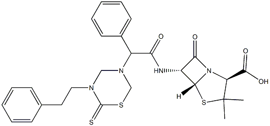 6-[2-フェニル-2-[(3-フェネチル-2-チオキソ-3,4,5,6-テトラヒドロ-2H-1,3,5-チアジアジン)-5-イル]アセチルアミノ]ペニシラン酸 化学構造式