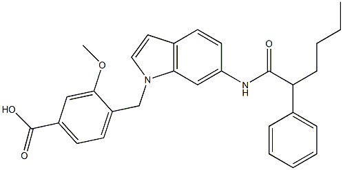 4-[6-[2-フェニルヘキサノイルアミノ]-1H-インドール-1-イルメチル]-3-メトキシ安息香酸 化学構造式