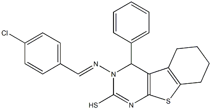 3,4,5,6,7,8-Hexahydro-3-(p-chlorobenzylideneamino)-4-phenyl[1]benzothieno[2,3-d]pyrimidine-2-thiol,,结构式