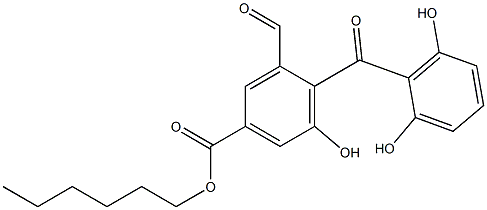 3-ホルミル-5-ヒドロキシ-4-(2,6-ジヒドロキシベンゾイル)安息香酸ヘキシル 化学構造式