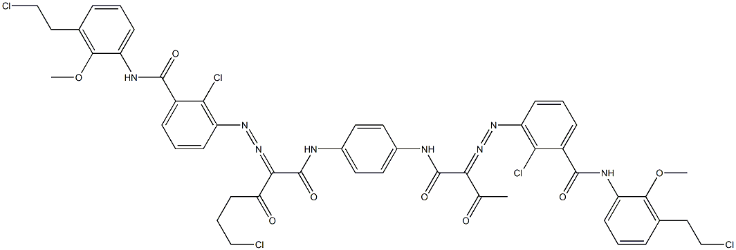 3,3'-[2-(2-Chloroethyl)-1,4-phenylenebis[iminocarbonyl(acetylmethylene)azo]]bis[N-[3-(2-chloroethyl)-2-methoxyphenyl]-2-chlorobenzamide],,结构式