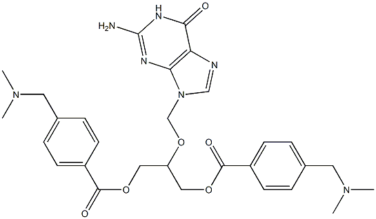 Bis[4-[(dimethylamino)methyl]benzoic acid]2-[[[(2-amino-1,6-dihydro-6-oxo-9H-purin)-9-yl]methyl]oxy]-1,3-propanediyl ester Struktur