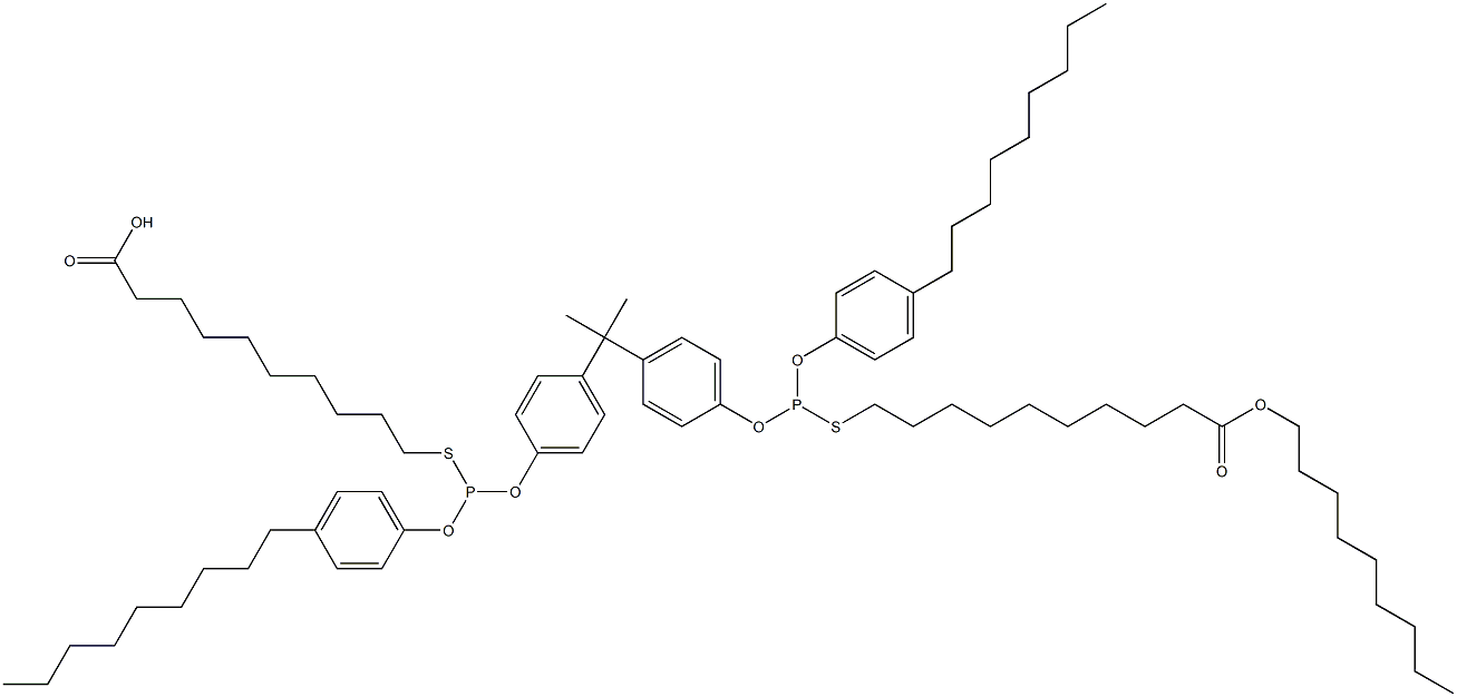 10,10'-[[イソプロピリデンビス(4,1-フェニレンオキシ)]ビス[[(4-ノニルフェニル)オキシ]ホスフィンジイルチオ]]ビス(デカン酸ノニル) 化学構造式