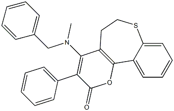 3-フェニル-4-[メチル(ベンジル)アミノ]-5,6-ジヒドロ-2H-[1]ベンゾチエピノ[5,4-b]ピラン-2-オン 化学構造式