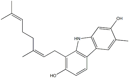 3-Methyl-8-[(2Z)-3,7-dimethyl-2,6-octadienyl]-9H-carbazole-2,7-diol,,结构式