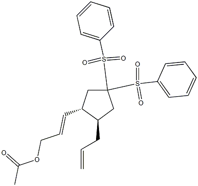 (3R,4R)-4-アリル-3-(3-アセトキシ-1-プロペニル)-1,1-ビス(フェニルスルホニル)シクロペンタン 化学構造式