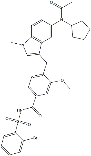 4-[5-(シクロペンチルアセチルアミノ)-1-メチル-1H-インドール-3-イルメチル]-3-メトキシ-N-(2-ブロモフェニルスルホニル)ベンズアミド 化学構造式