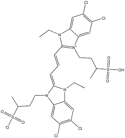 4-[[5,6-Dichloro-2-[3-[[5,6-dichloro-1-ethyl-2,3-dihydro-3-(3-sulfonatobutyl)-1H-benzimidazol]-2-ylidene]-1-propenyl]-1-ethyl-1H-benzimidazol-3-ium]-3-yl]-2-butanesulfonic acid Structure