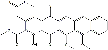 12,13-Dimethoxy-1-hydroxy-2-(methoxycarbonyl)-3-[(methoxycarbonyl)methyl]-5,14-pentacenedione 结构式