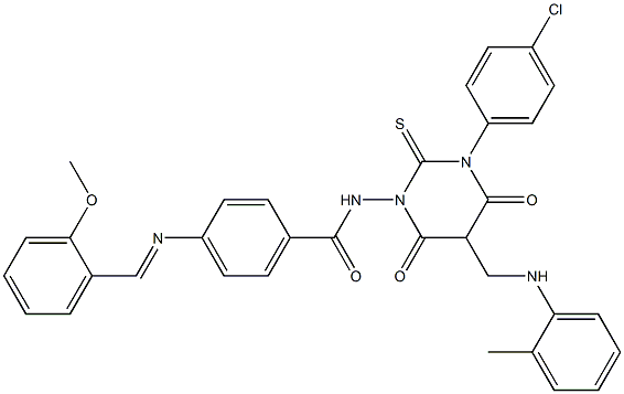 4-(2-Methoxybenzylideneamino)-N-[[hexahydro-4,6-dioxo-2-thioxo-3-(4-chlorophenyl)-5-(2-methylphenylaminomethyl)pyrimidin]-1-yl]benzamide,,结构式