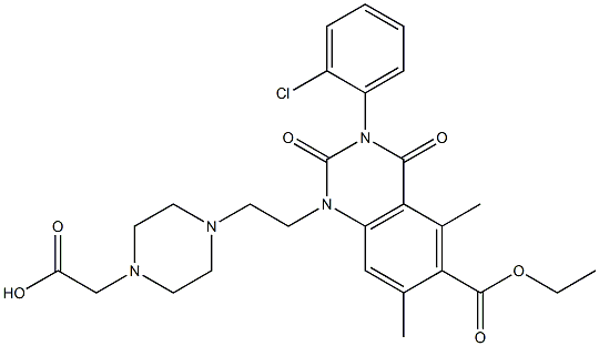 1,2,3,4-テトラヒドロ-3-(2-クロロフェニル)-1-[2-(4-ヒドロキシカルボニルメチル-1-ピペラジニル)エチル]-5,7-ジメチル-2,4-ジオキソキナゾリン-6-カルボン酸エチル 化学構造式