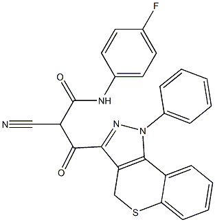 N-(4-Fluorophenyl)-3-[[1-phenyl-1,4-dihydro-[1]benzothiopyrano[4,3-c]pyrazol]-3-yl]-2-cyano-3-oxopropanamide Struktur