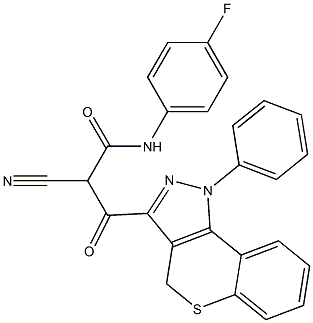 N-(4-フルオロフェニル)-3-[[1-フェニル-1,4-ジヒドロ-[1]ベンゾチオピラノ[4,3-c]ピラゾール]-3-イル]-2-シアノ-3-オキソプロパンアミド 化学構造式