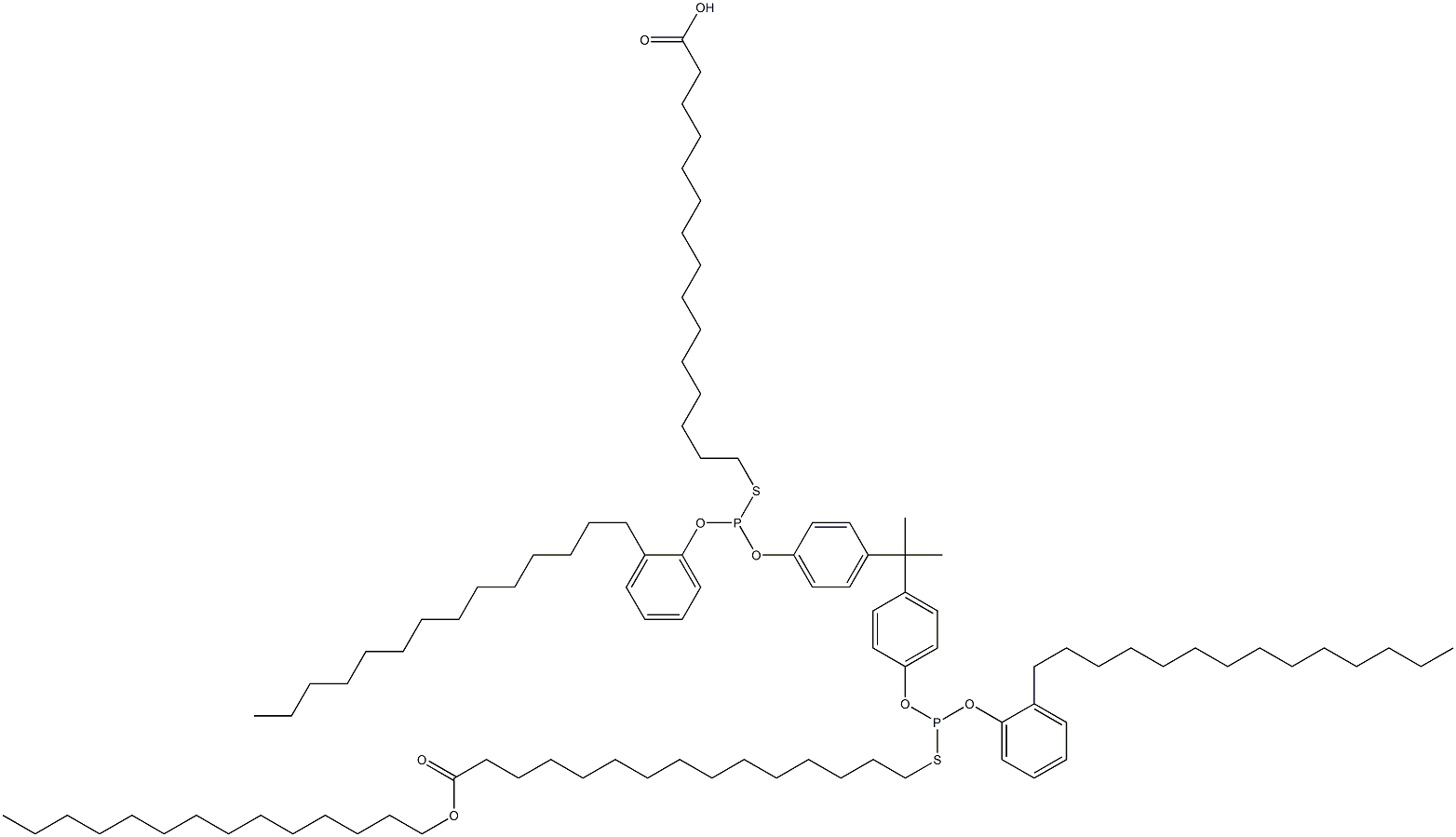 15,15'-[[Isopropylidenebis(4,1-phenyleneoxy)]bis[[(2-tetradecylphenyl)oxy]phosphinediylthio]]bis(pentadecanoic acid tetradecyl) ester,,结构式