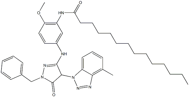 1-ベンジル-3-[(4-メトキシ-5-テトラデカンアミド)アニリノ]-4-(メチル-1-ベンゾトリアゾリル)-5-オキソ-2-ピラゾリン 化学構造式