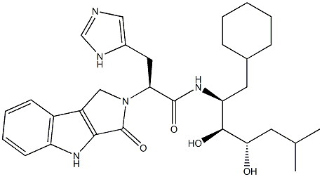 (2S)-3-(4-イミダゾリル)-2-[(1,2,3,4-テトラヒドロ-3-オキソピロロ[3,4-b]インドール)-2-イル]-N-[(1S,2S,3S)-1-シクロヘキシルメチル-2,3-ジヒドロキシ-5-メチルヘキシル]プロピオンアミド 化学構造式