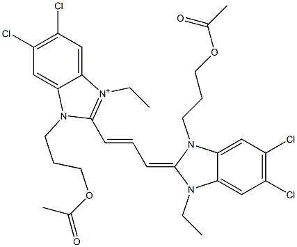 1-[3-(Acetyloxy)propyl]-2-[3-[[1-[3-(acetyloxy)propyl]-5,6-dichloro-3-ethyl-1,3-dihydro-2H-benzimidazol]-2-ylidene]-1-propenyl]-5,6-dichloro-3-ethyl-1H-benzimidazol-3-ium Struktur