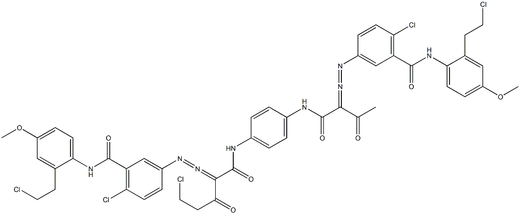 3,3'-[2-(クロロメチル)-1,4-フェニレンビス[イミノカルボニル(アセチルメチレン)アゾ]]ビス[N-[2-(2-クロロエチル)-4-メトキシフェニル]-6-クロロベンズアミド] 化学構造式