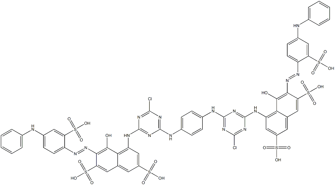 4,4'-[1,4-フェニレンビス[イミノ(6-クロロ-1,3,5-トリアジン-4,2-ジイル)イミノ]]ビス[5-ヒドロキシ-6-[[4-(フェニルアミノ)-2-スルホフェニル]アゾ]-2,7-ナフタレンジスルホン酸] 化学構造式