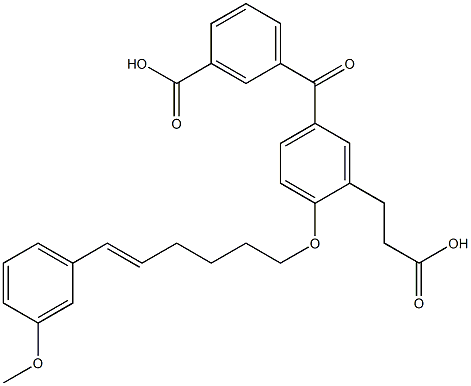 5-(3-カルボキシベンゾイル)-2-[(E)-6-(3-メトキシフェニル)-5-ヘキセニルオキシ]ベンゼンプロパン酸 化学構造式