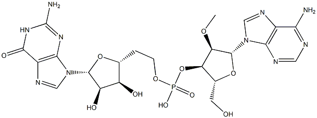 3'-O-[5'-グアノシル(メチル)ホスホノ]-2'-O-メチルアデノシン 化学構造式
