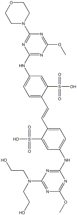 4-[4-[ビス(2-ヒドロキシエチル)アミノ]-6-メトキシ-1,3,5-トリアジン-2-イルアミノ]-4'-(4-メトキシ-6-モルホリノ-1,3,5-トリアジン-2-イルアミノ)-2,2'-スチルベンジスルホン酸 化学構造式