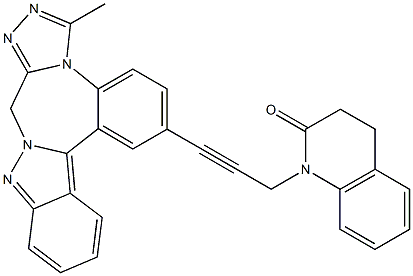 3,4-ジヒドロ-1-[3-[(6-メチル-9H-インダゾロ[2,3-d][1,2,4]トリアゾロ[4,3-a][1,4]ベンゾジアゼピン)-2-イル]-2-プロピニル]キノリン-2(1H)-オン 化学構造式