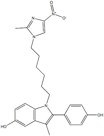 1-[6-(4-ニトロ-2-メチル-1H-イミダゾール-1-イル)ヘキシル]-2-(4-ヒドロキシフェニル)-3-メチル-1H-インドール-5-オール 化学構造式