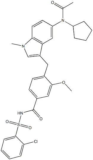 4-[5-(Cyclopentylacetylamino)-1-methyl-1H-indol-3-ylmethyl]-3-methoxy-N-(2-chlorophenylsulfonyl)benzamide Struktur