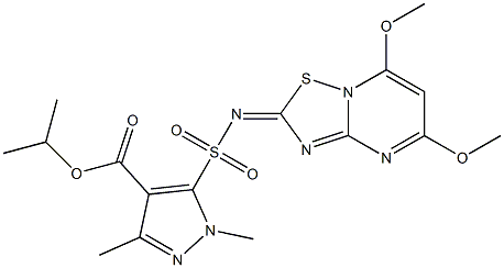 1,3-ジメチル-5-[(5,7-ジメトキシ-2H-[1,2,4]チアジアゾロ[2,3-a]ピリミジン-2-イリデン)スルファモイル]-1H-ピラゾール-4-カルボン酸イソプロピル 化学構造式