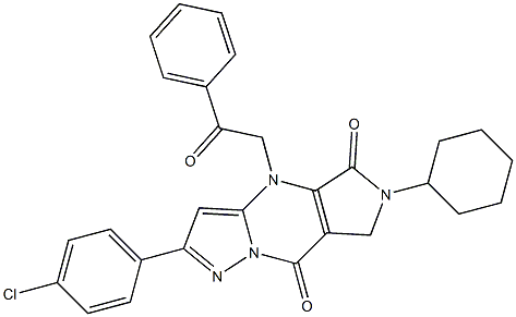 6-Cyclohexyl-6,7-dihydro-4-(2-oxo-2-phenylethyl)-2-(4-chlorophenyl)-4H-1,4,6,8a-tetraaza-s-indacene-5,8-dione Struktur