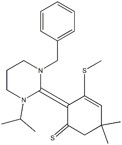 5,5-Dimethyl-2-[(1-benzyl-3-isopropylhexahydropyrimidin)-2-ylidene]-3-(methylthio)-3-cyclohexene-1-thione,,结构式